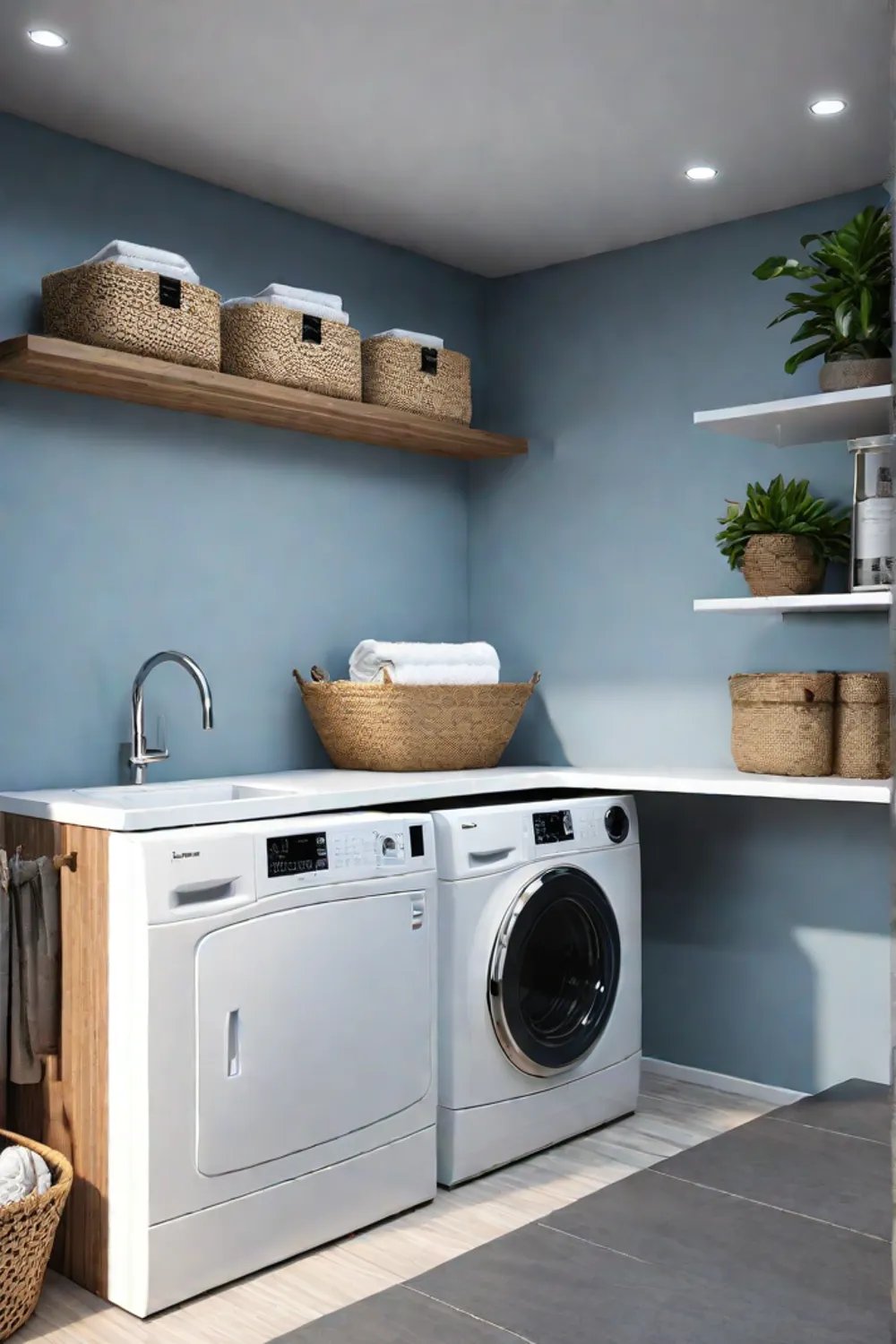Laundry room with open shelves and closed cabinets for versatile storage