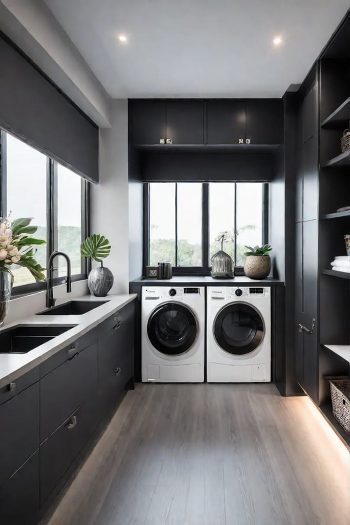 Laundry sorting system with labeled baskets and minimalist decor