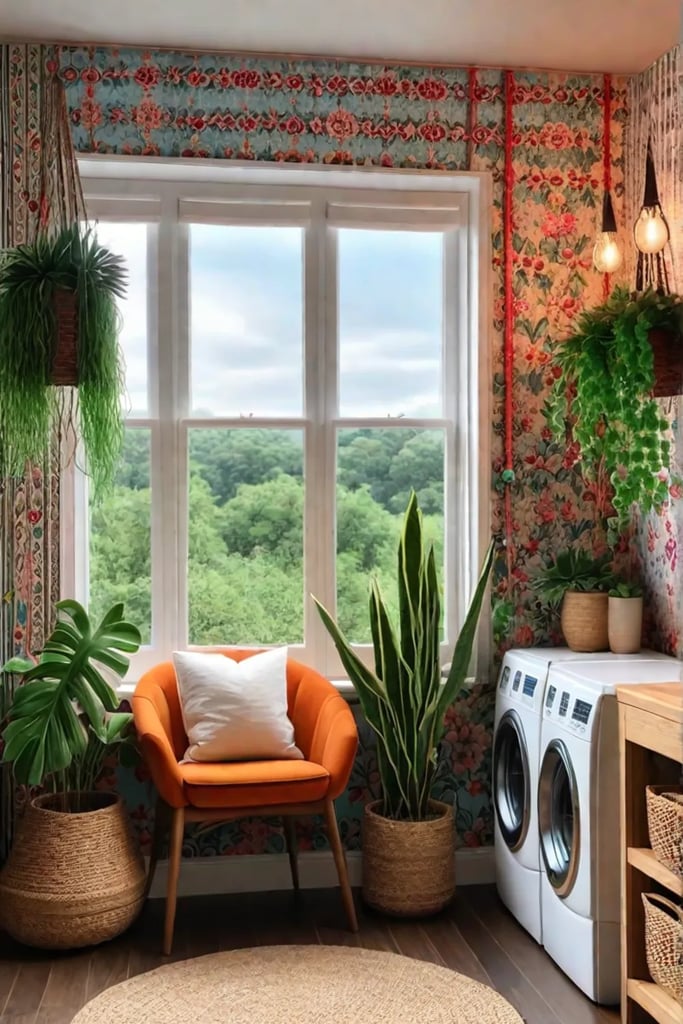 Laundry space with eclectic decor and vintage furniture