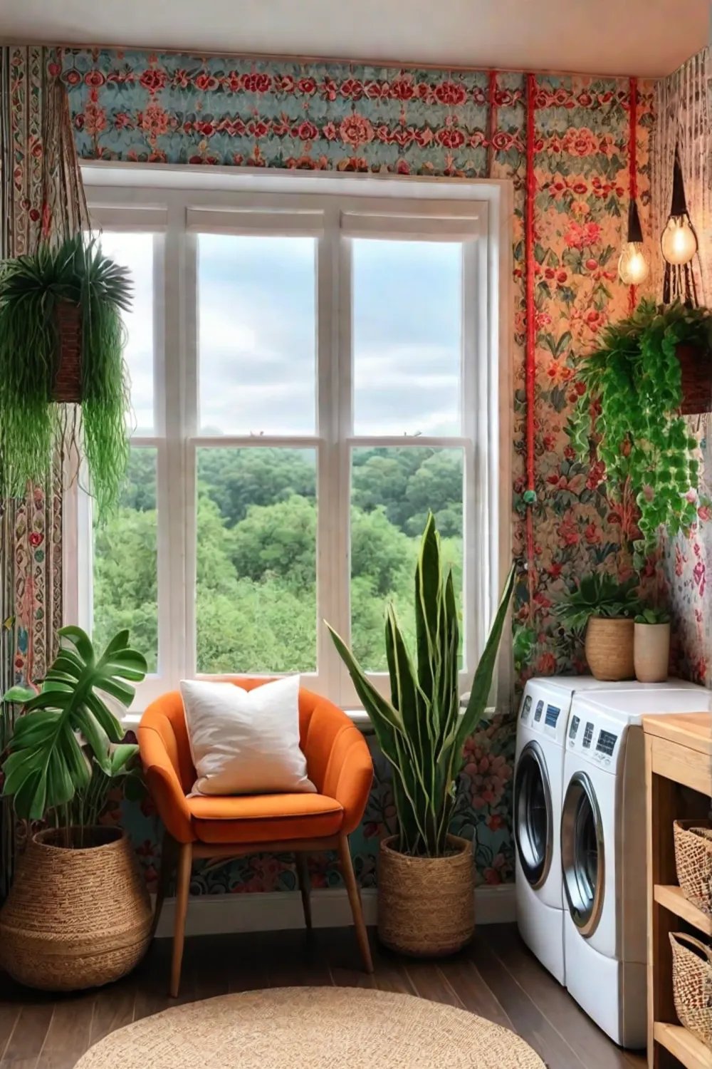 Laundry space with eclectic decor and vintage furniture