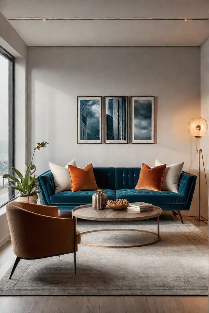 Layered living room with plush textiles and candlelight