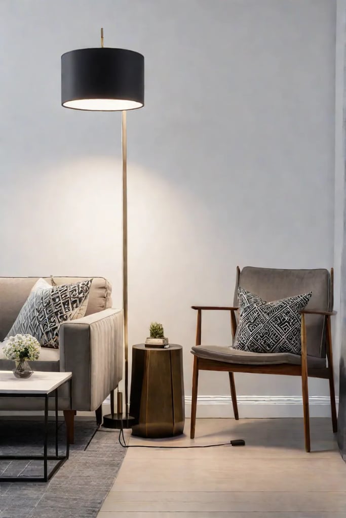 Layered lighting in a small living room with floor lamp table lamp and recessed lighting