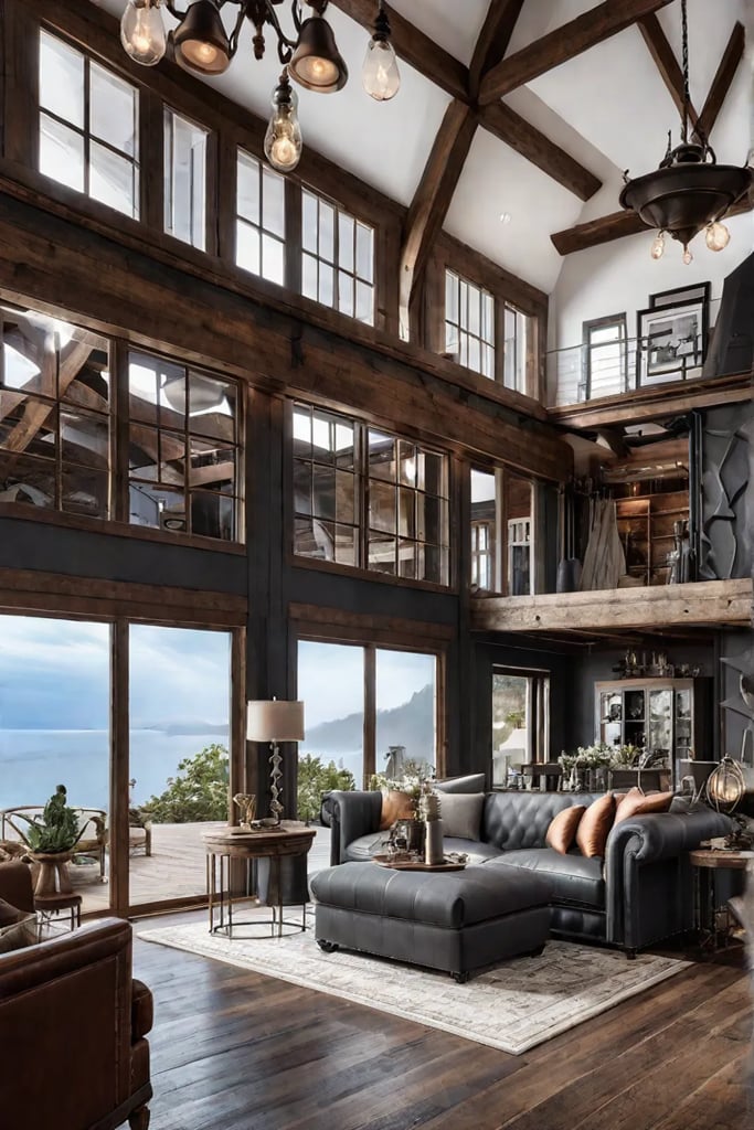 Living room blending farmhouse and industrial styles with reclaimed wood and metal