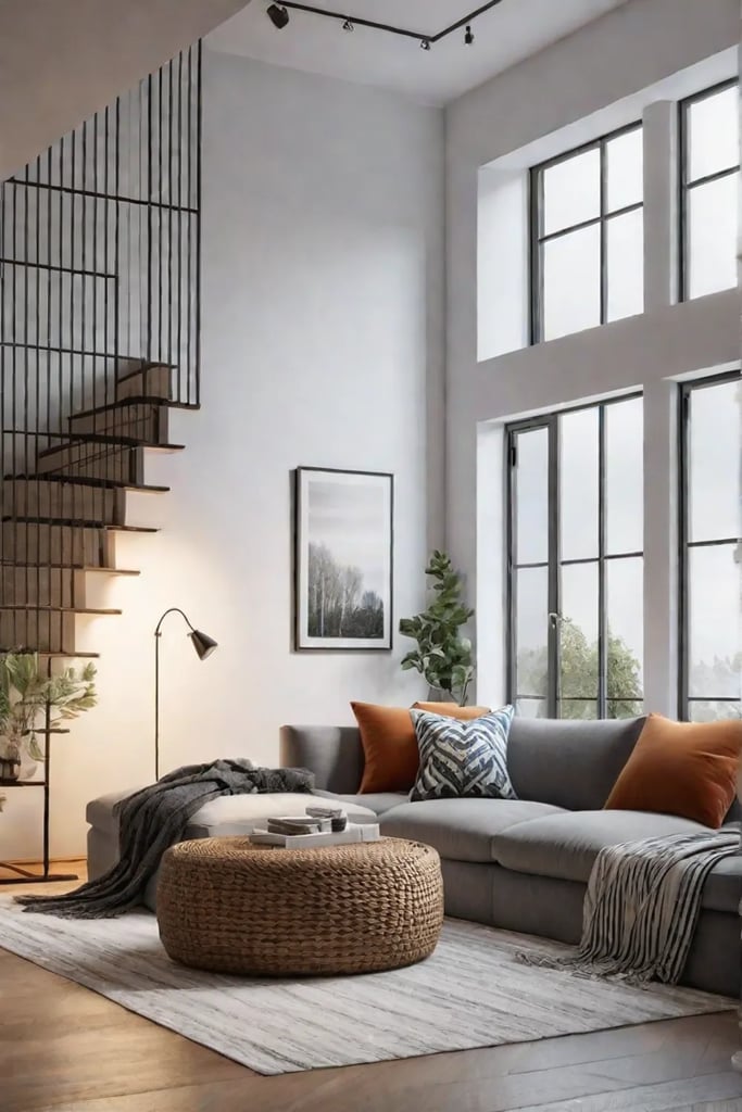 Living room combining Scandinavian and bohemian styles with natural materials and pops