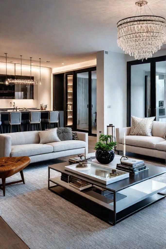 Living room designed for entertaining with ample seating and a bar cart