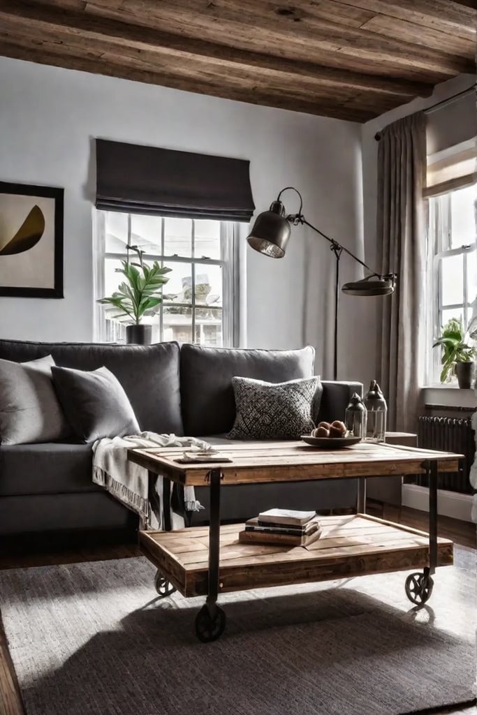Living room with DIY coffee table made from reclaimed wood