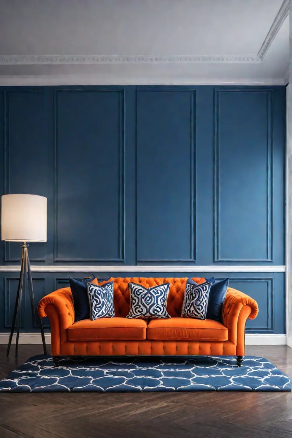Living room with a blue and orange color scheme and geometric patterns