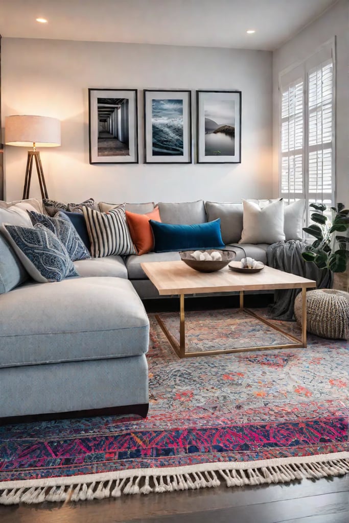 Living room with a gallery wall and statement rug