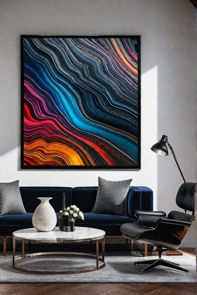 Living room with a large piece of artwork as the focal point