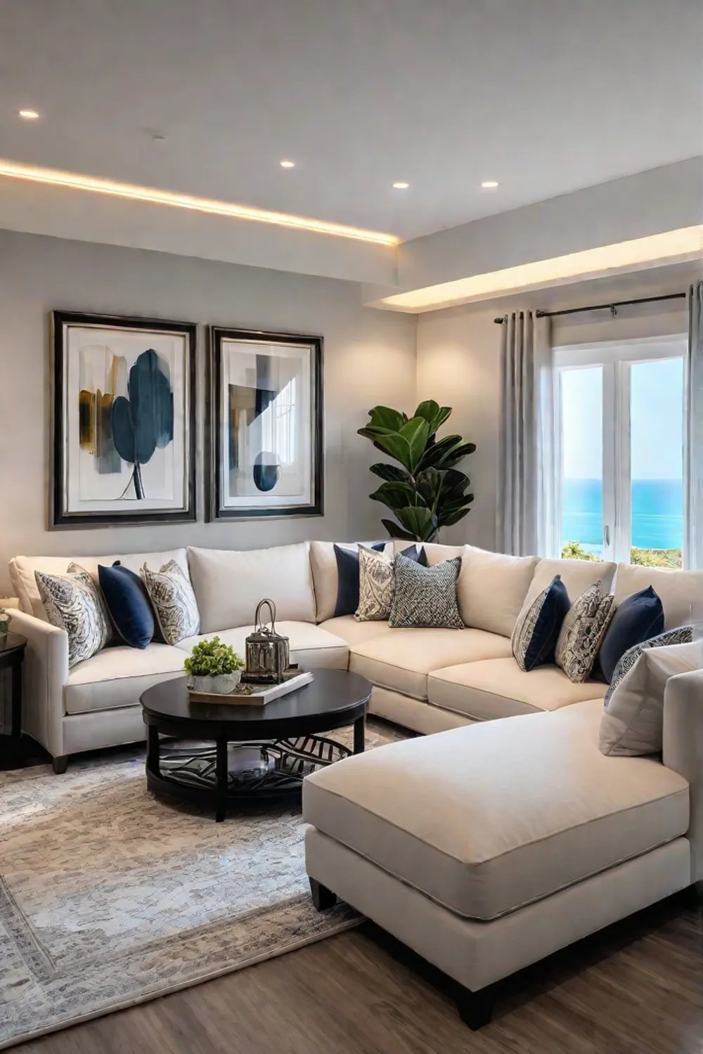 Living room with a sectional sofa and chaise lounge in a neutral