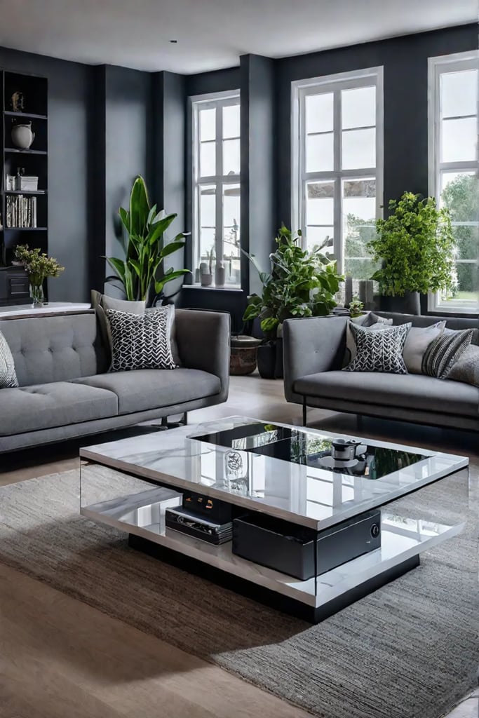 Living room with a smart coffee table featuring a touchscreen interface
