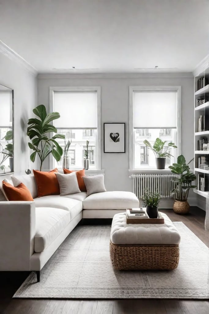 Living room with builtin shelves and storage solutions