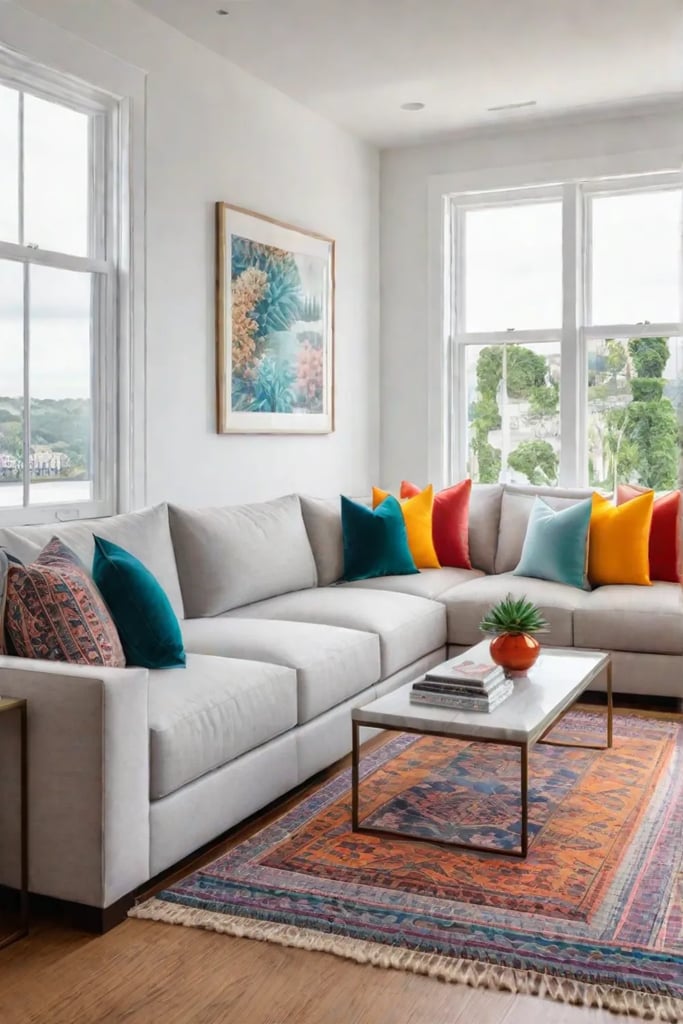 Living room with damagefree decor using removable wall art and textiles