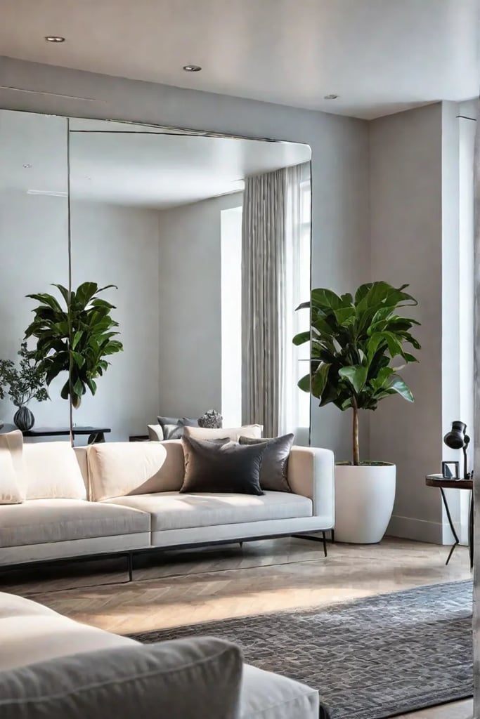 Living room with large mirror