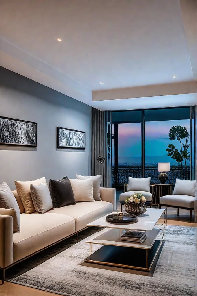 Living room with layered artificial lighting