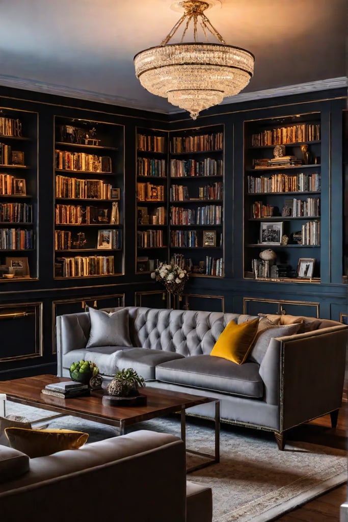 Living room with lighted bookcase