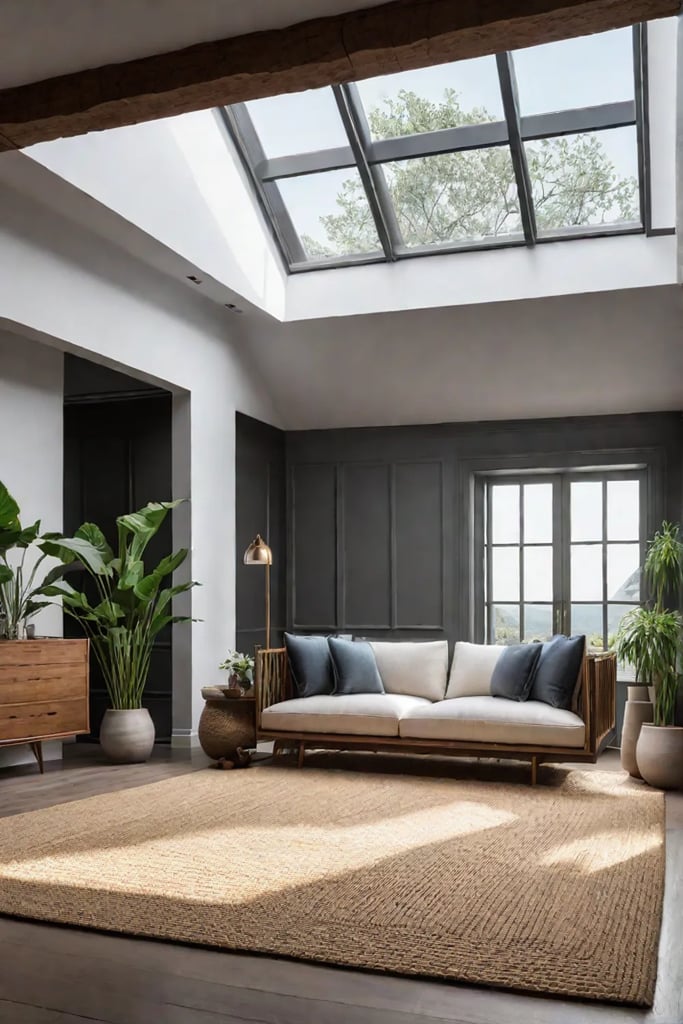 Living room with natural materials and plants