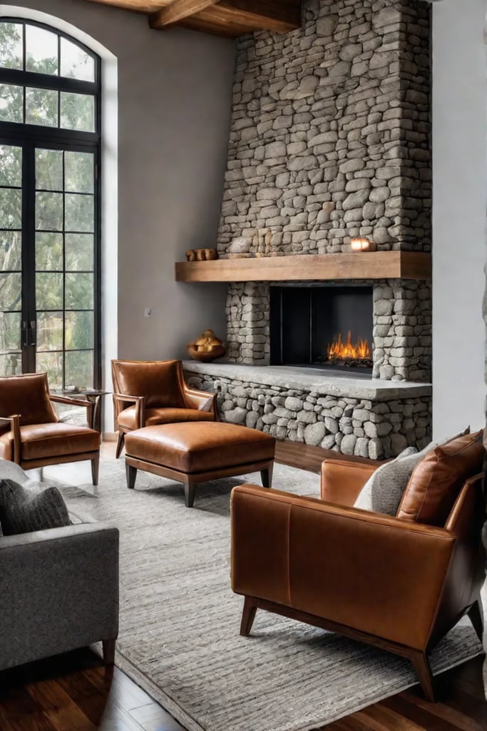 Living room with natural textures and warm lighting