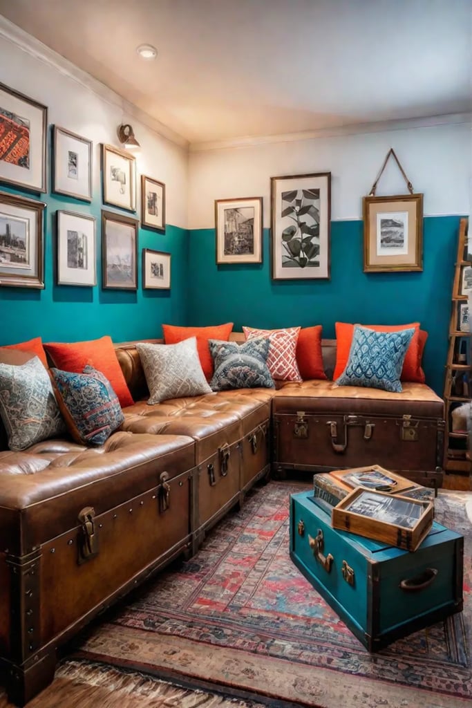 Living room with plush sectional sofa and thrifted artwork