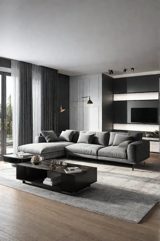 Living room with smart artwork changing displays based on mood and time