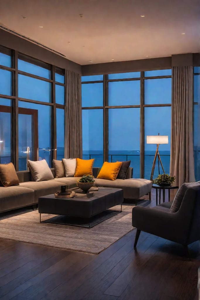 Living room with smart lighting automatically adjusting from day to night