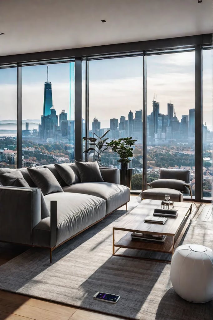 Living room with smart thermostat and automated blinds adjusting to natural light