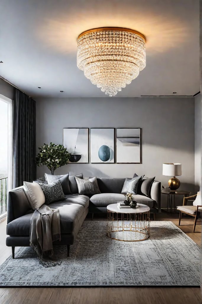 Living room with statement light fixture