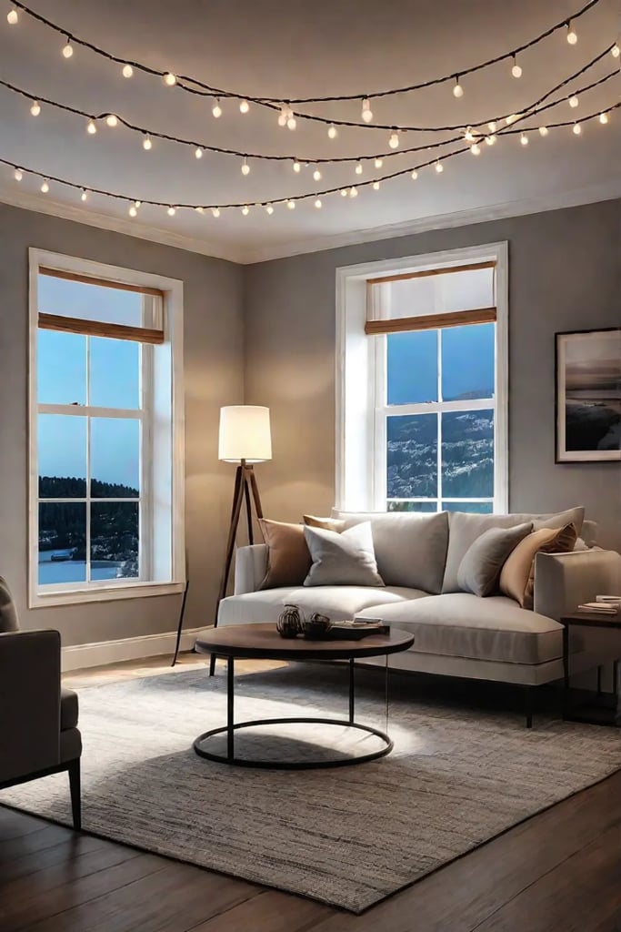 Living room with string lights adding a cozy and whimsical touch