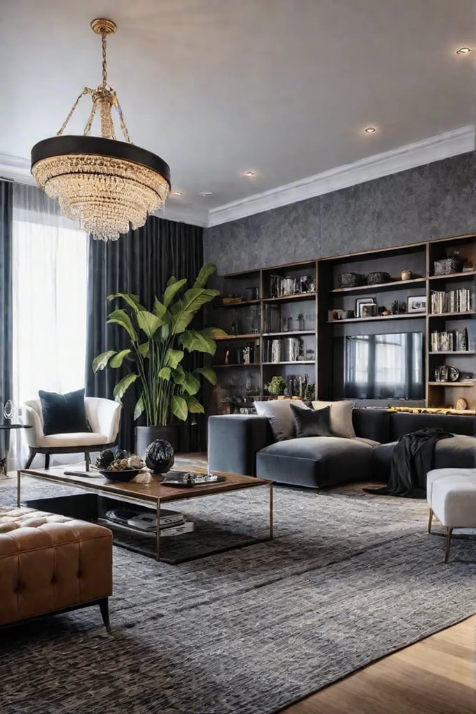 Living room with textured decor and lighting