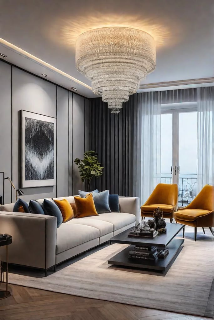 Living room with unique lighting fixtures