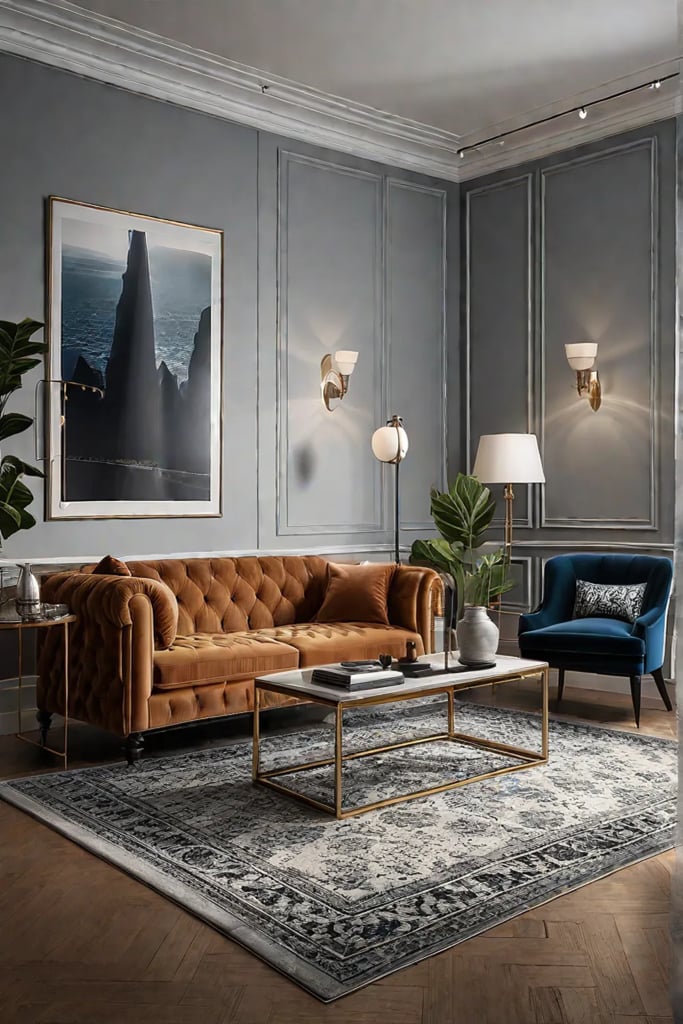 Living room with velvet sofa and thrifted artwork