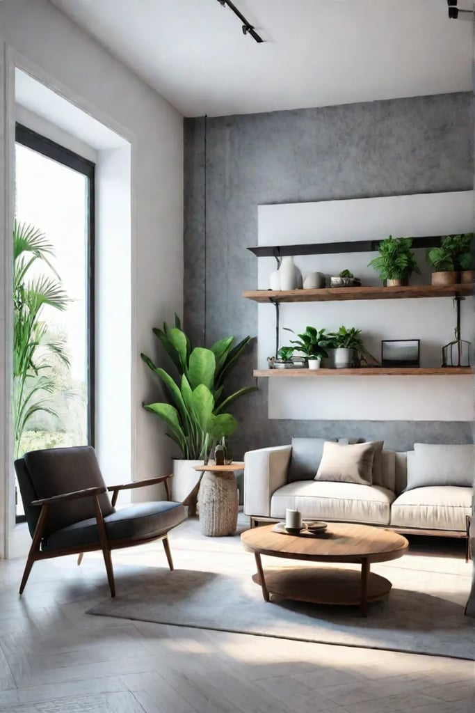 Living room with vertical storage solutions