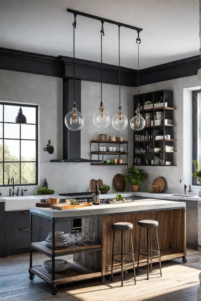 Lshaped kitchen island with concrete countertop and industrial style
