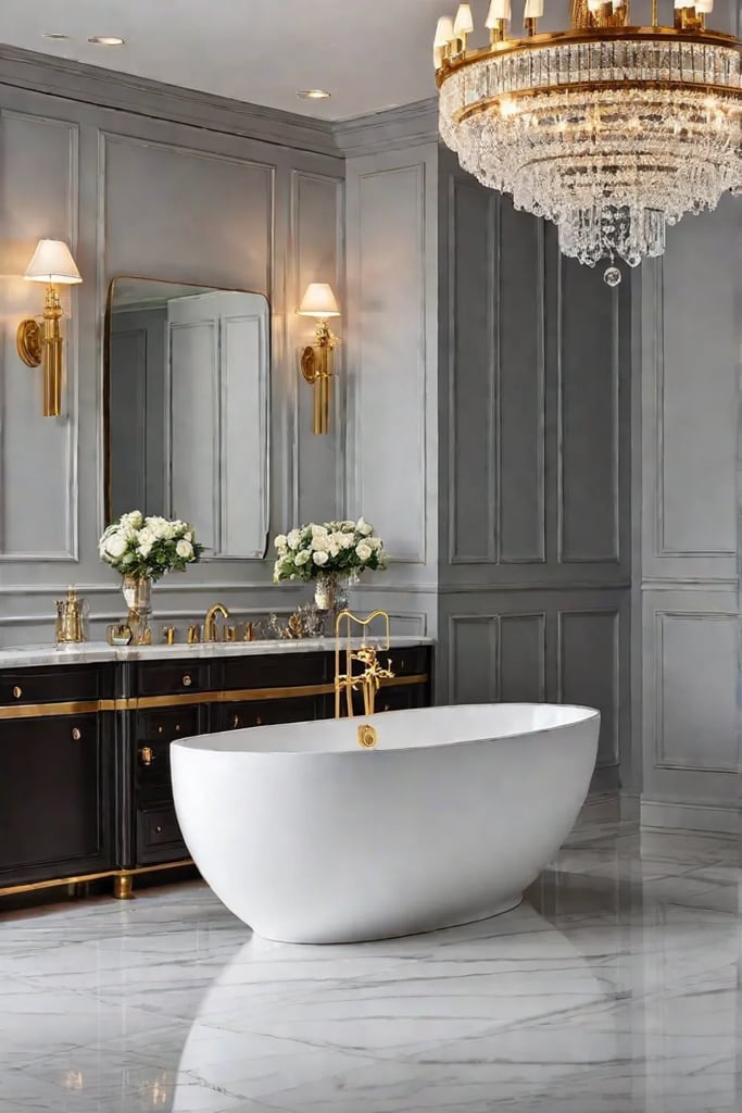 Luxurious bathroom with marble countertops and gold fixtures