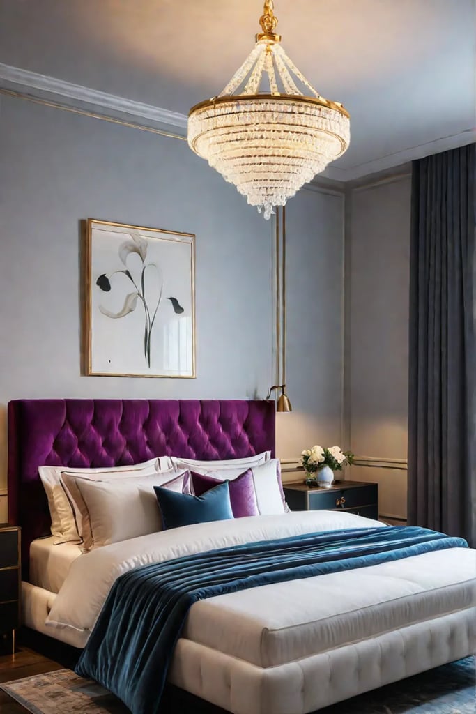 Luxurious bedroom with velvet headboard and statement chandelier