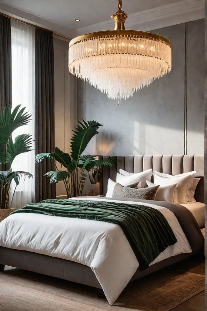 Luxurious bedroom with velvet headboard natural material chandelier and textured wallpaper