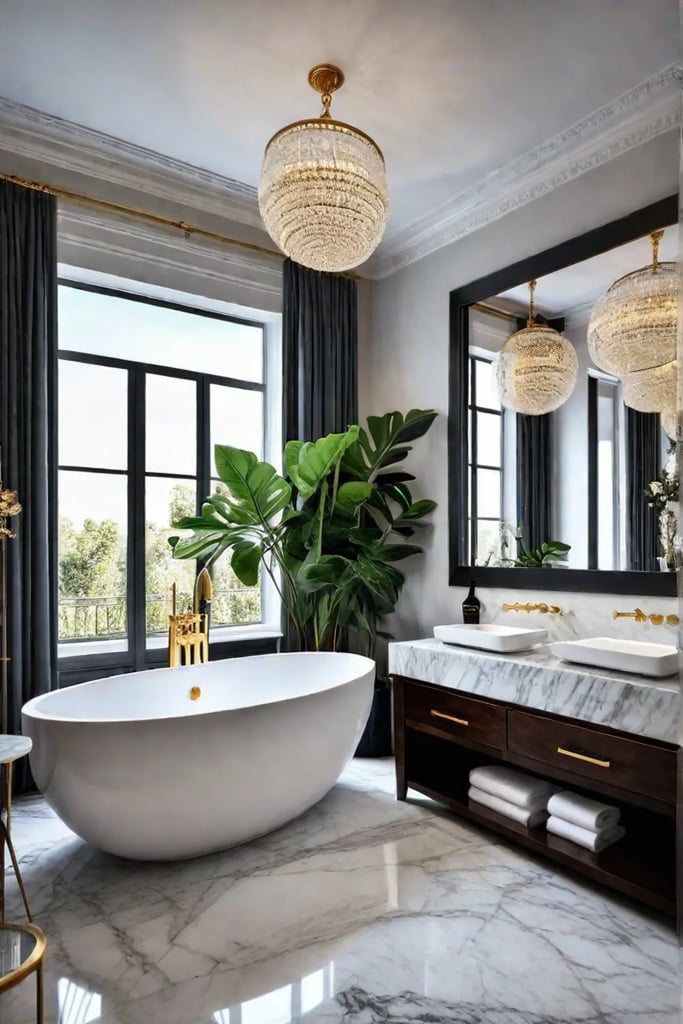 Luxurious small bathroom with freestanding soaking tub and marble vanity