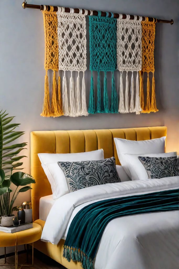 Macrame headboard in stylish bedroom