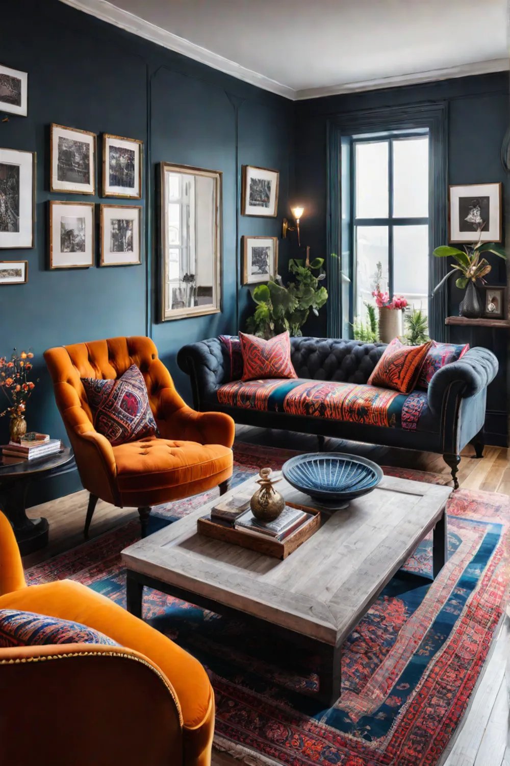 Maximalist living room with patterned sofa and colorful rug