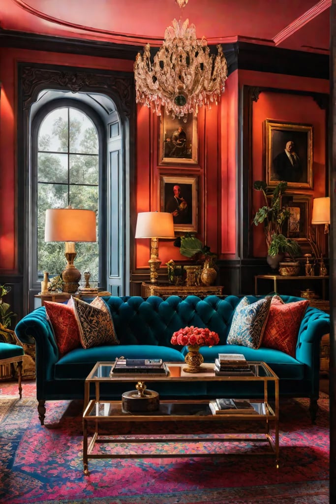 Maximalist living room with vibrant colors and eclectic textures