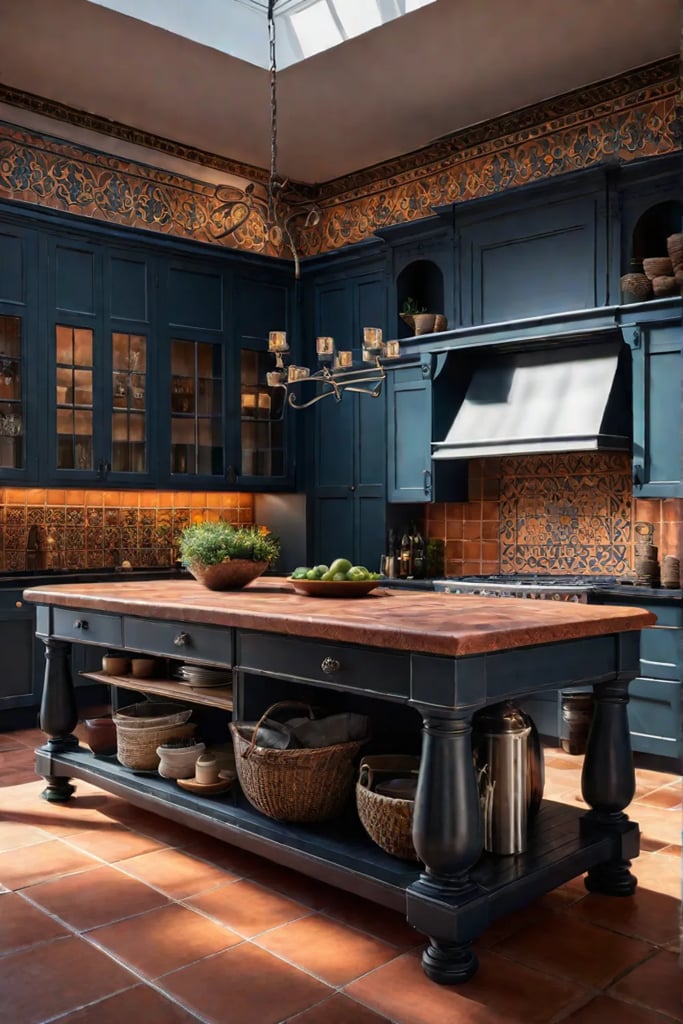 Mediterranean kitchen with granite island countertop and terracotta tiles