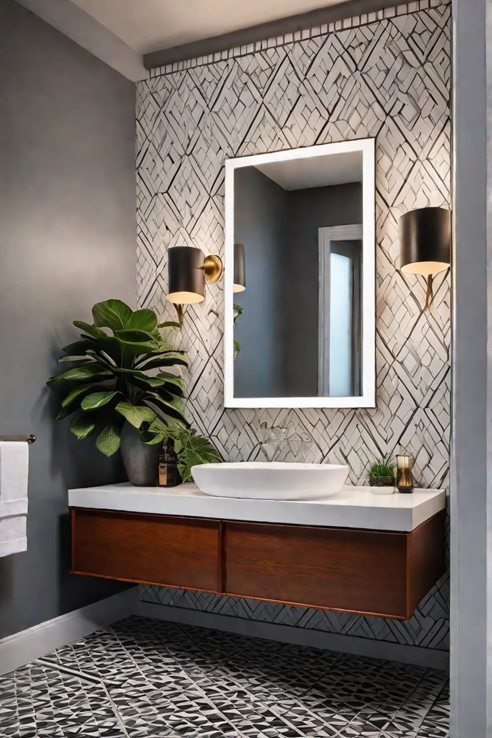 Midcentury modern bathroom with stylish lighting