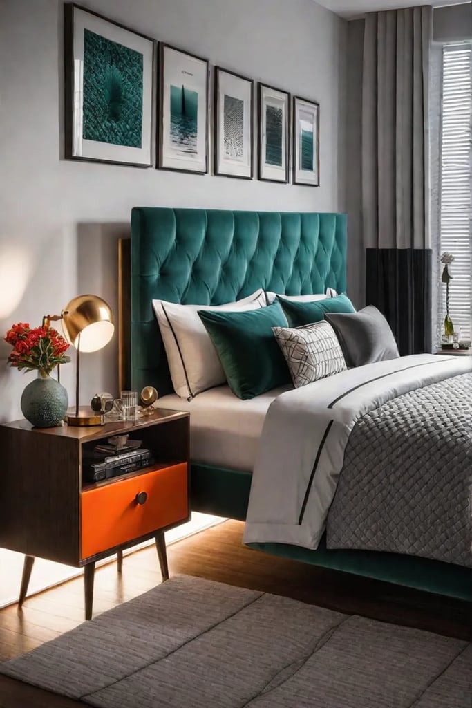Midcentury modern bedroom with geometric patterns and iconic furniture