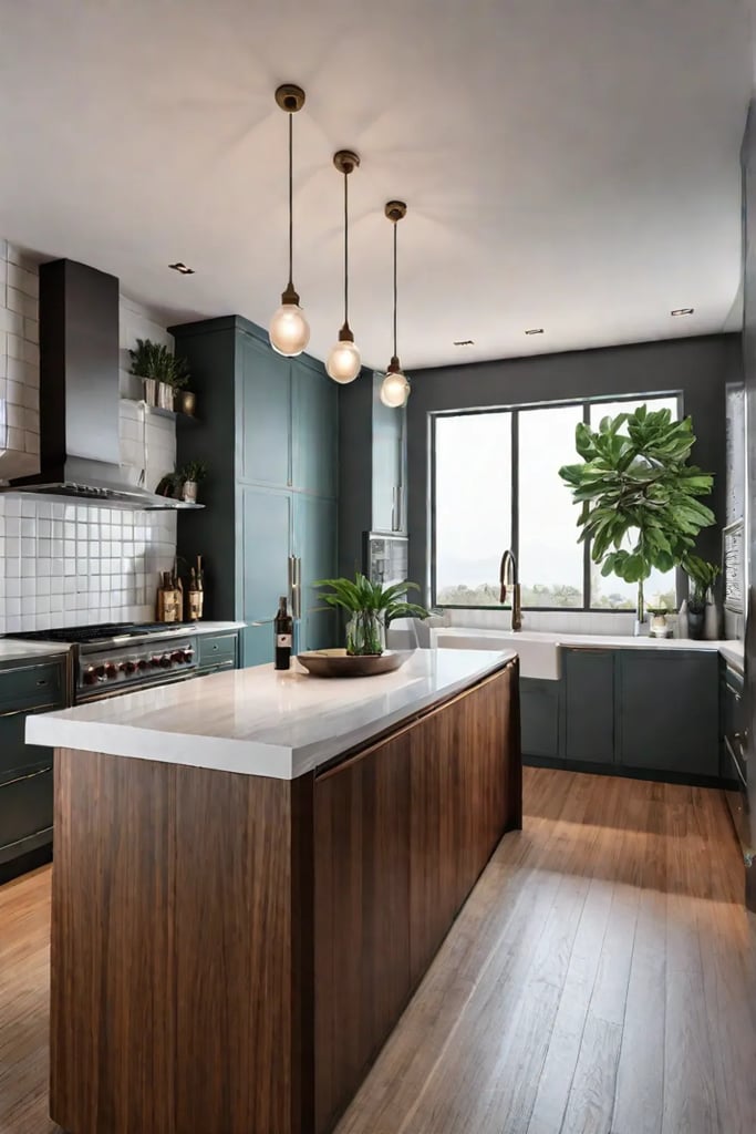 Midcentury modern kitchen island with wooden base and white countertop