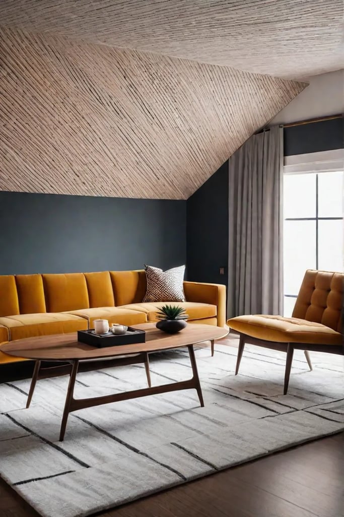 Midcentury modern living room with a statement sofa and geometric rug