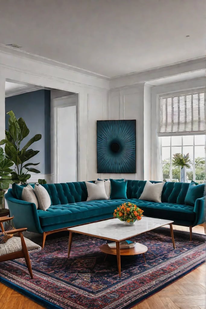 Midcentury modern living room with iconic furniture and vibrant accents