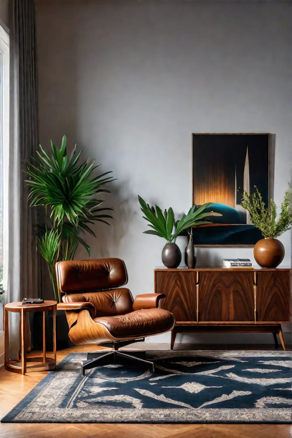 Midcentury modern living room with walnut credenza and leather armchair