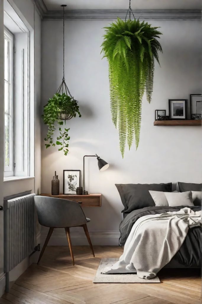Minimalist bedroom with reading nook fern and succulent