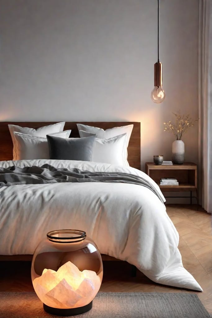 Minimalist bedroom with warm lighting and cozy textures