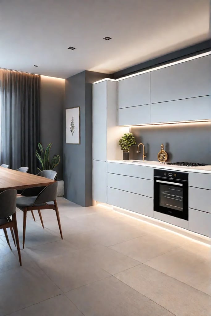 Minimalist kitchen with LED undercabinet and recessed lighting